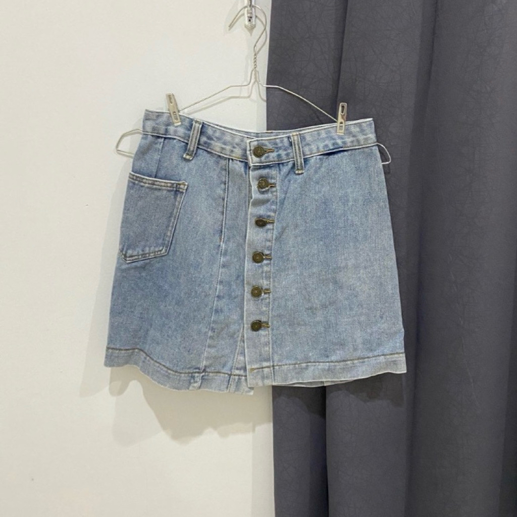NO BRAND denim crop button skirt light blue biru jeans skirt rok kancing love bonito preloved second