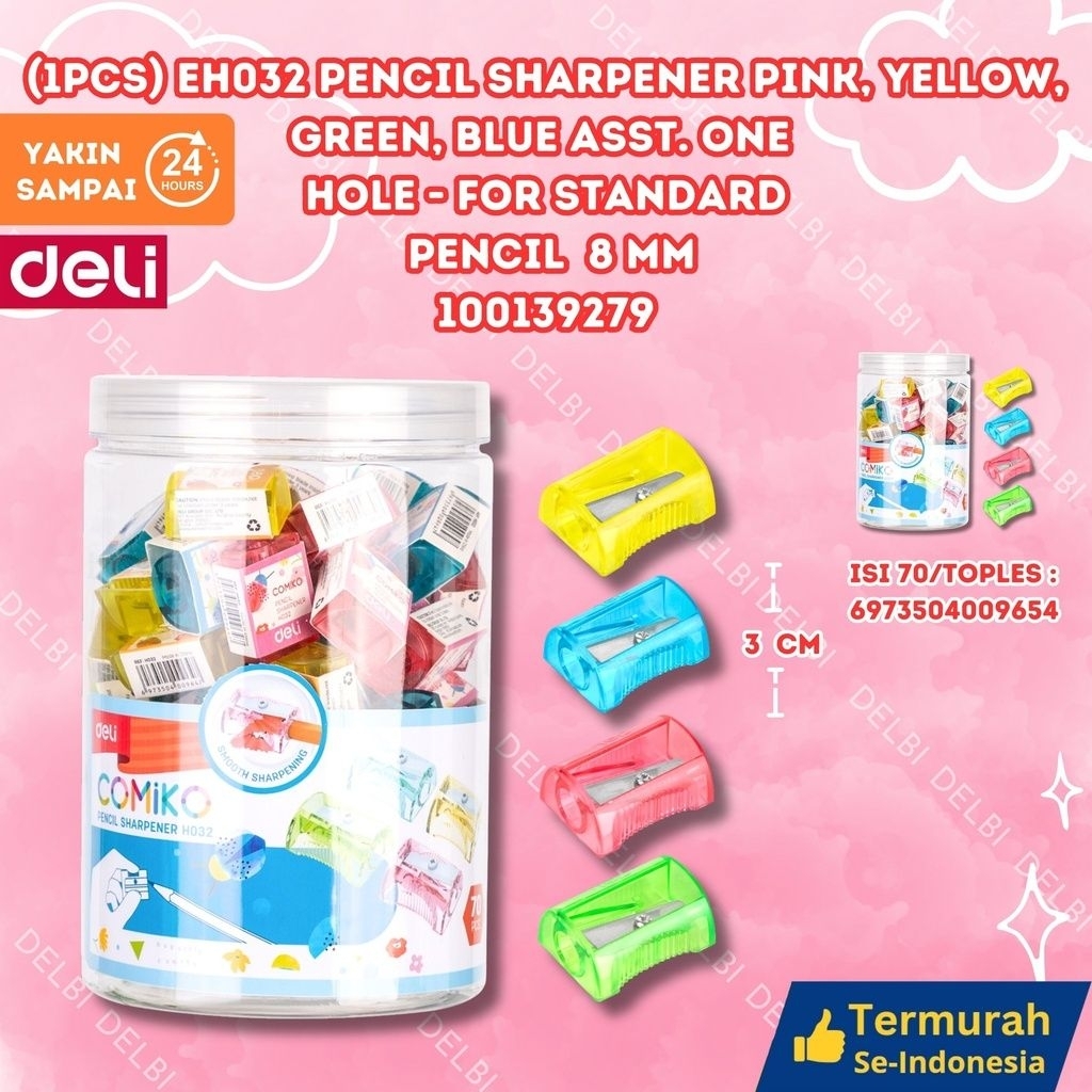 

(1PCS) H032 Pencil Sharpener Pink, Yellow, Green, Blue asst. One hole for Standard 8 mm DELI PENGHAPUS WARNA WARNI 8MM' RAUTAN PENSIL BX1680 BX70