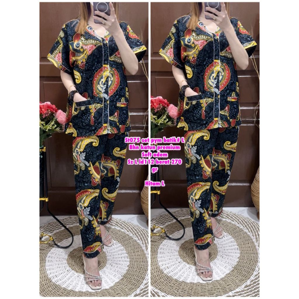 ST075 Set Piyama Batik Katun Wanita Jumbo/Setelan Celana Baju Tidur Piyama Batik Katun Wanita L-XL