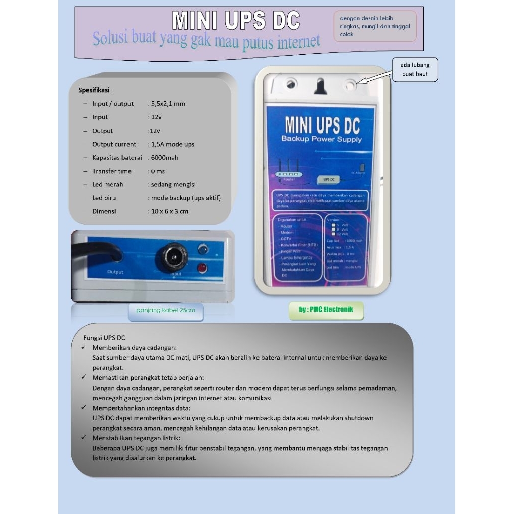 UPS DC, UPS DC 12V, MINI UPS DC, SMART UPS DC, BACKUP DC, Panjang kabel 25cm