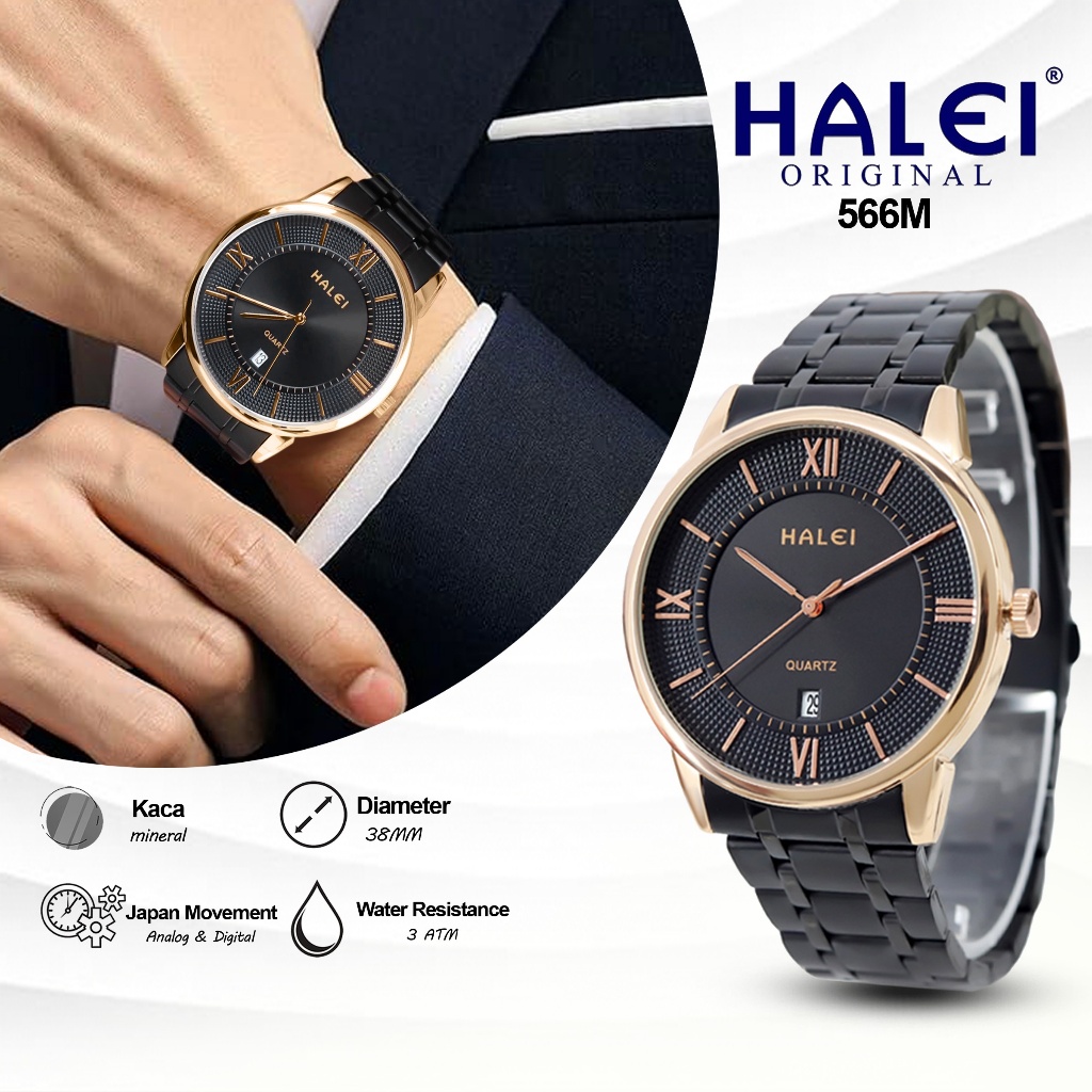 HALEI 566M - Jam Tangan Branded Pria Rantai Stainless Mesin Seiko Anti Air Garansi Original