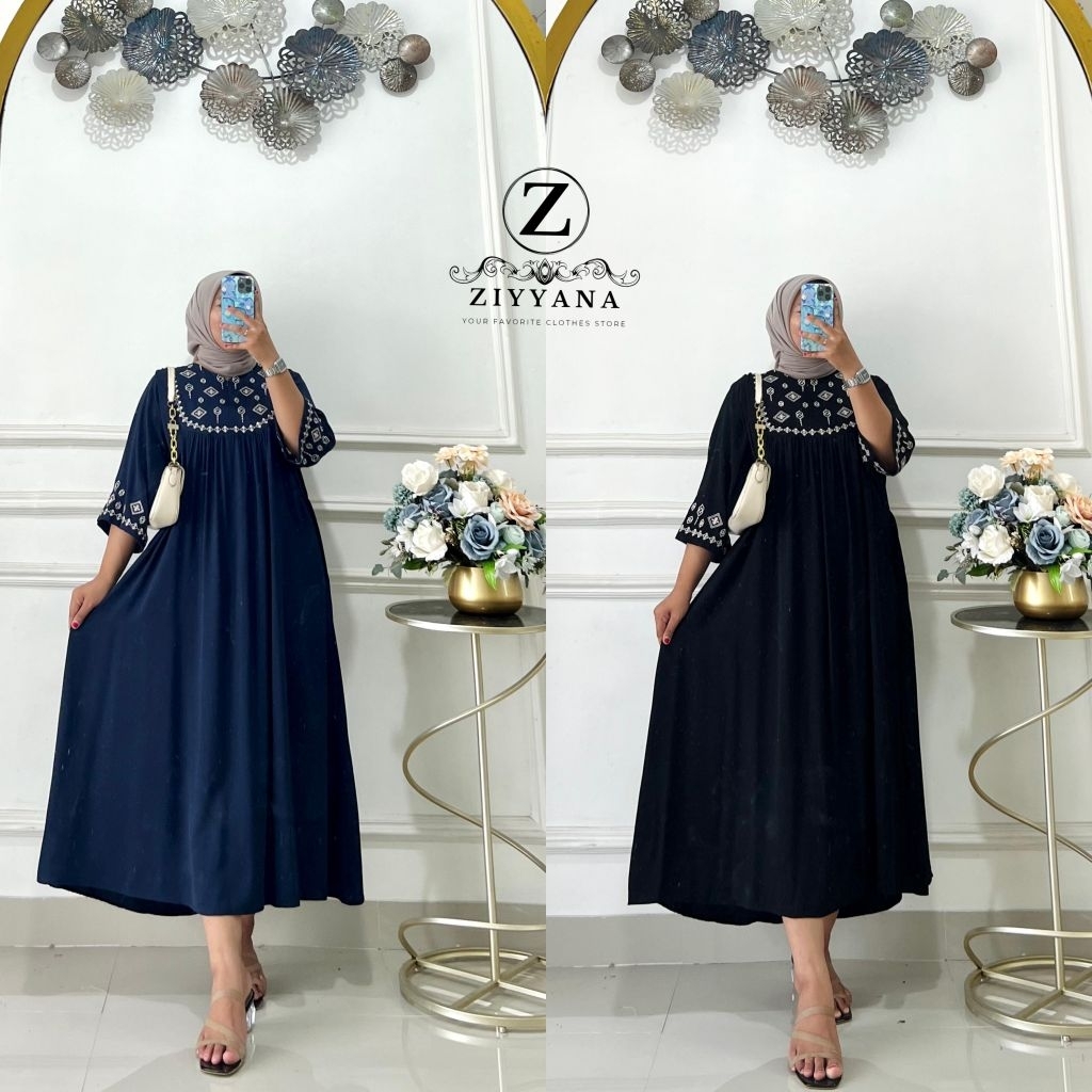 gamis midi rayon bordir jumbo - aluna midi dress - rayon twill premium - gamis lebaran busui polos m