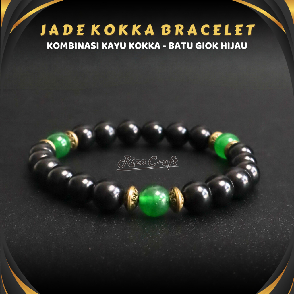 Gelang Aesthetic Kayu Kokka Kokah Koka Kaokah Asli Kombinasi Batu Giok Hijau Original Pria Wanita Ke