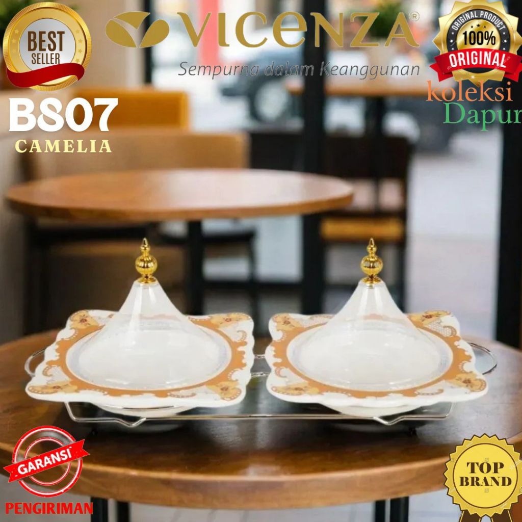 Piring VICENZA piring cekung dengan rak besi, mangkuk saji dilengkapi tutup kaca B807 Camelia, Bowl 