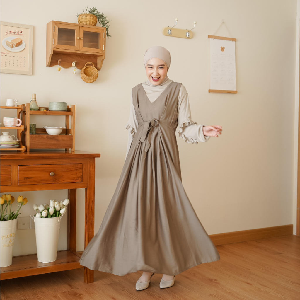 (Overall Saja) Irene Overall Dress Gamis Wanita Katun Linen Pita Polos Korean Style