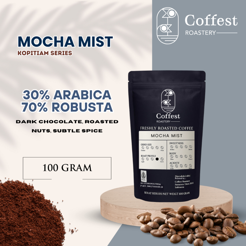 

Coffest Roastery - Mocha Mist 100 gram - Roast Beans Biji Bubuk Kopi Blend 30/70 Arabika Robusta