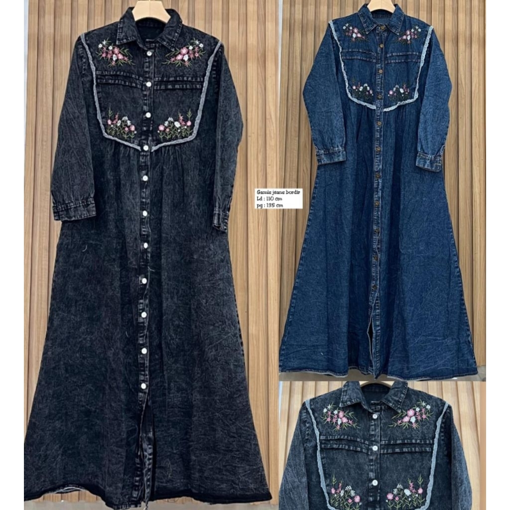 A&N Busana | Gamis Jeans Bordir Elegan (Busui Friendly)