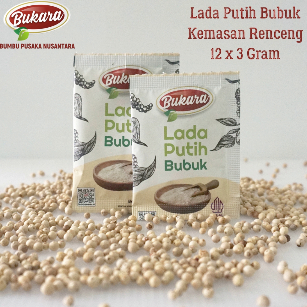 

Lada Putih Bubuk Merica Bangka Super Premium Grade A 12x3 gram Bukara Kemasan renceng Sachet