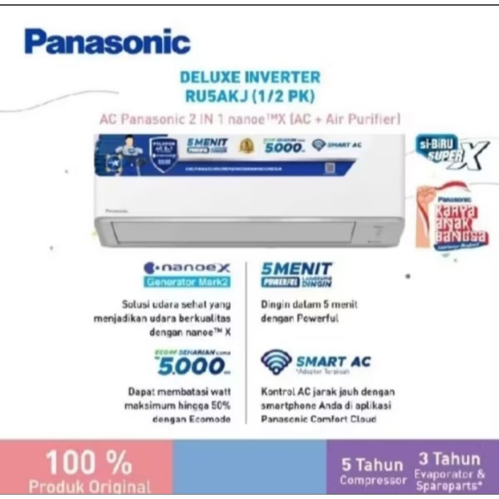 Panasonic AC Deluxe Inverter Nanoe X Blue Fin 1/2 PK - CS/CU-RU5AKJ
