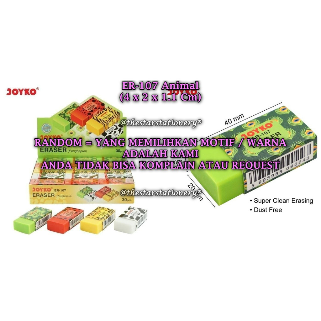 

(1 Biji) GROSIR Penghapus JOYKO ER-107 Animal RANDOM / Eraser Penghapus Joyko ER-107 Animal (1 Biji)