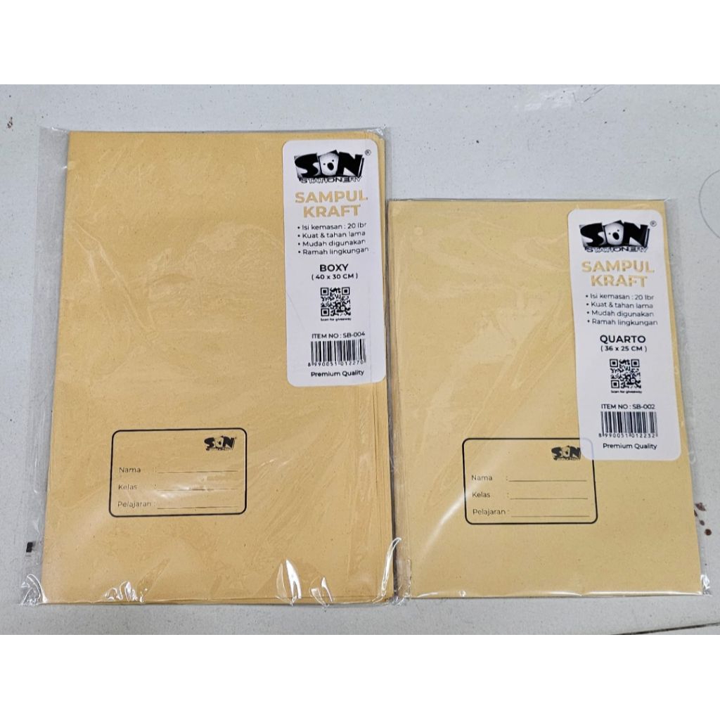 

SAMPUL BUKU KRAFT MEREK SON KWARTO+NAMA (36X25CM)/BOXY+NAMA (40x30CM) (ISI 20 LEMBAR)