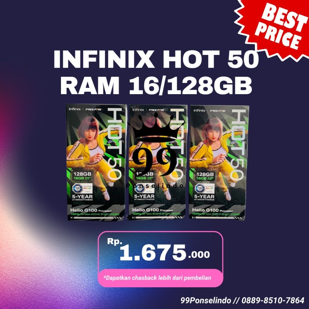 INFINIX HOT 50 RAM 16/128GB ( 8+8 EKSTENDED RAM) | 7.7 120hz Dispay | 50MP AI CAMERA | HELIO G100 PR
