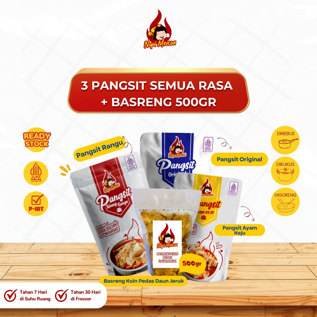 

Paket (Basreng Koin Pedas 500gram, Pangsit Rangu, Pangsit Keju, Pangsit Ori) - Nyai Mercon Makanan Instan