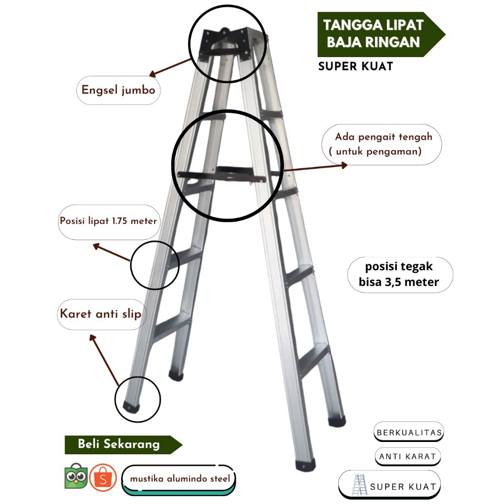 MSA Tangga Lipat Baja Ringan Kokoh Ukuran 2 Meter