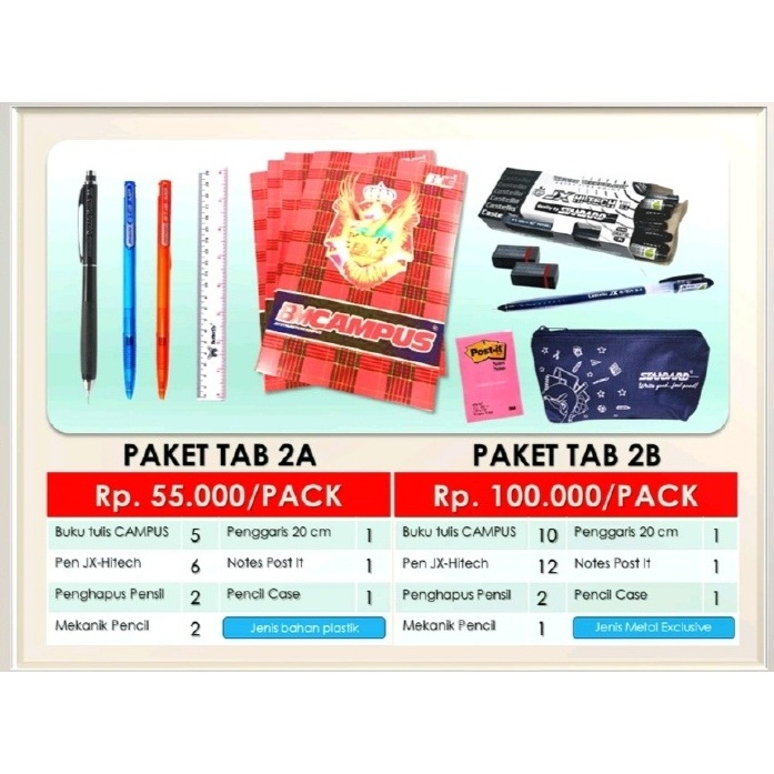 

Standard - Paket TAB 2A / 2B ( Alat Tulis, Buku, Mekanik Pensil, Pulpen, Penghapus, Rautan, Penggaris, Pencase, Post It )