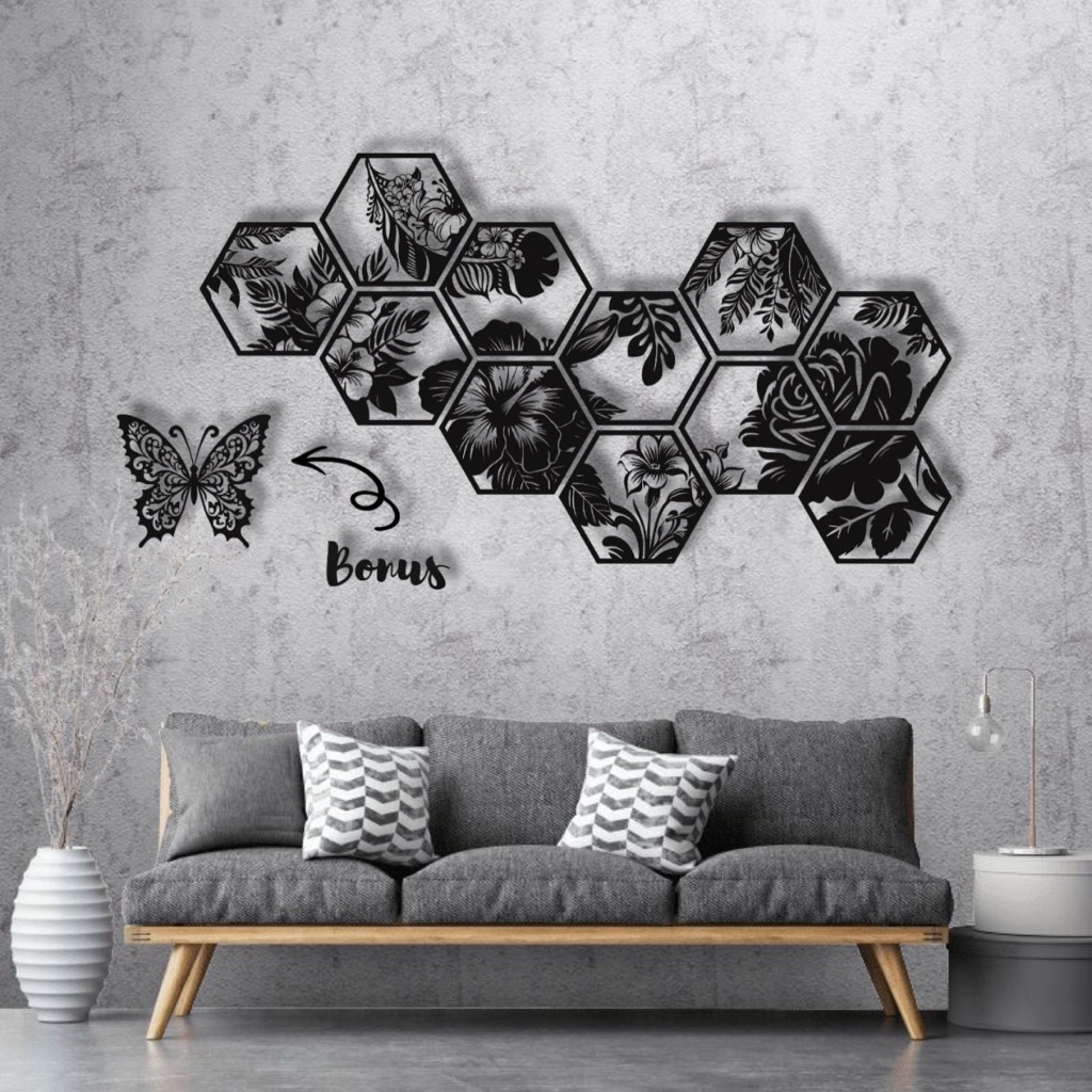 HIASAN DINDING KAYU HEXAGONAL FLOWERS