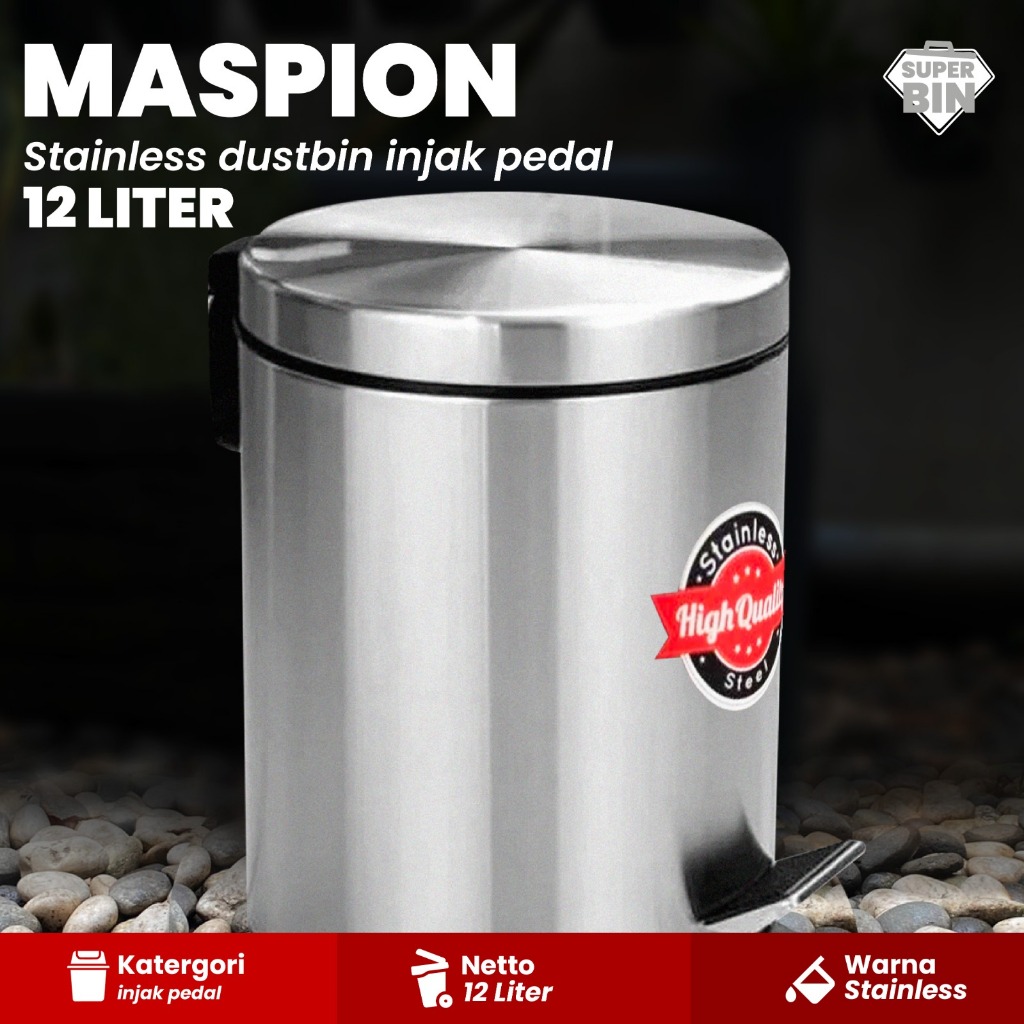 Dust Bin Pedal Stainless Steel MaspionTempat Sampah Injak 3 - 12 Liter
