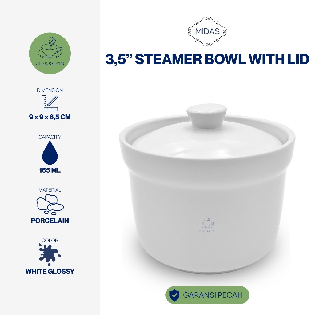Midas Mangkok Steamer Set Tutup Porselen 3,5” Inch / 9 cm Volume 165 ml Putih Polos Kilap Mangkuk Ti