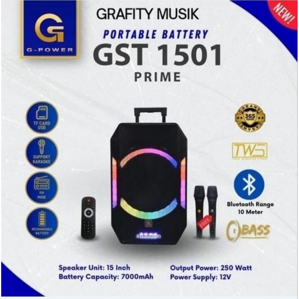 Speaker G-Power GST 1501 PRIME Speaker Portable 15 Inch Free 2 Microphone Wireless Garansi Resmi Spe