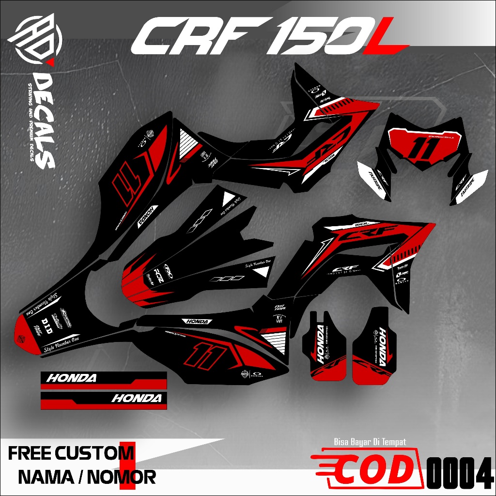 Decal Crf 150L, KLX, DTRACKER, WR155 Hitam Merah Putih design OneOneNine Full Body Superglossy Bebas