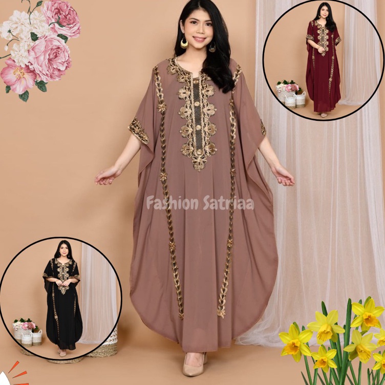 KODE P37W Baju kaftan wanita terbaru 222 lebaran full bordir warna hitam putih merah maroon untuk pe