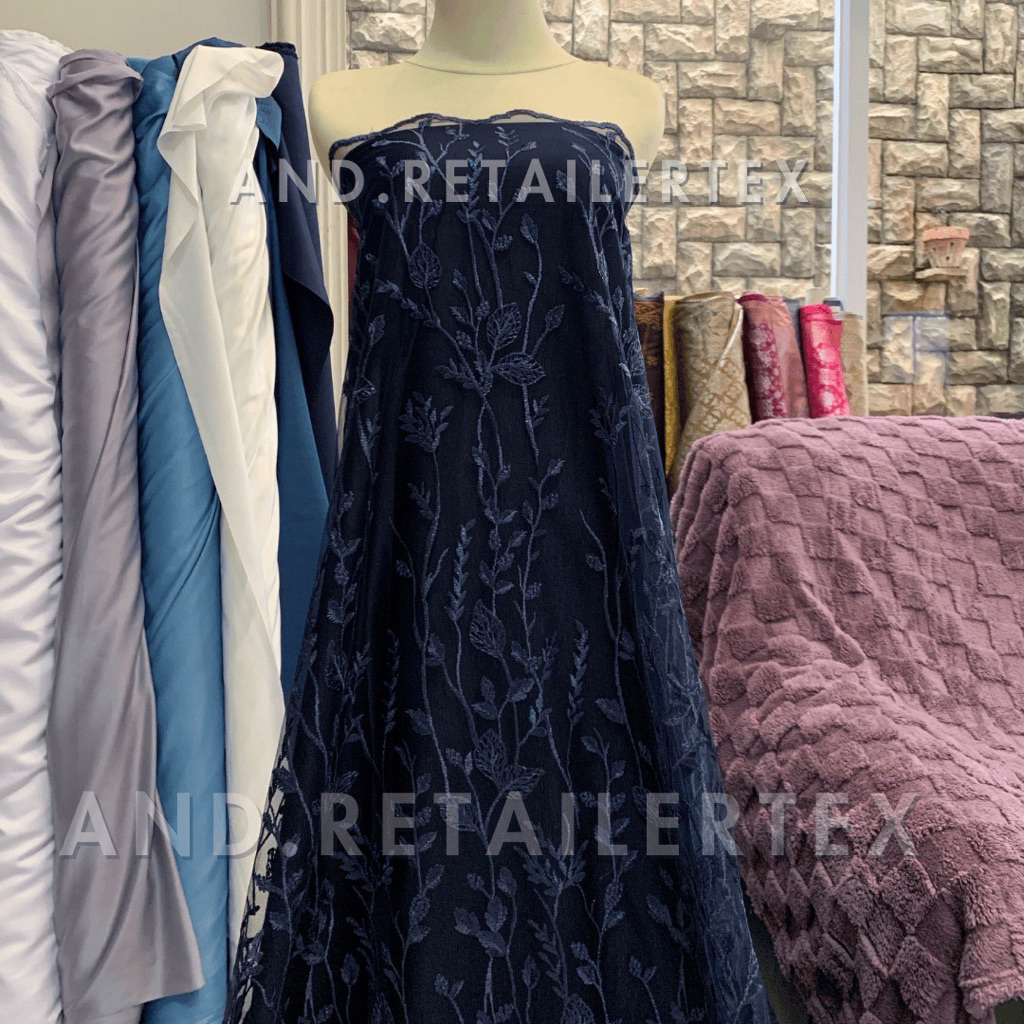 Bahan kain Kebaya Bordir Tile Alana New Series Warna Navy Biru Dongker Biru tua