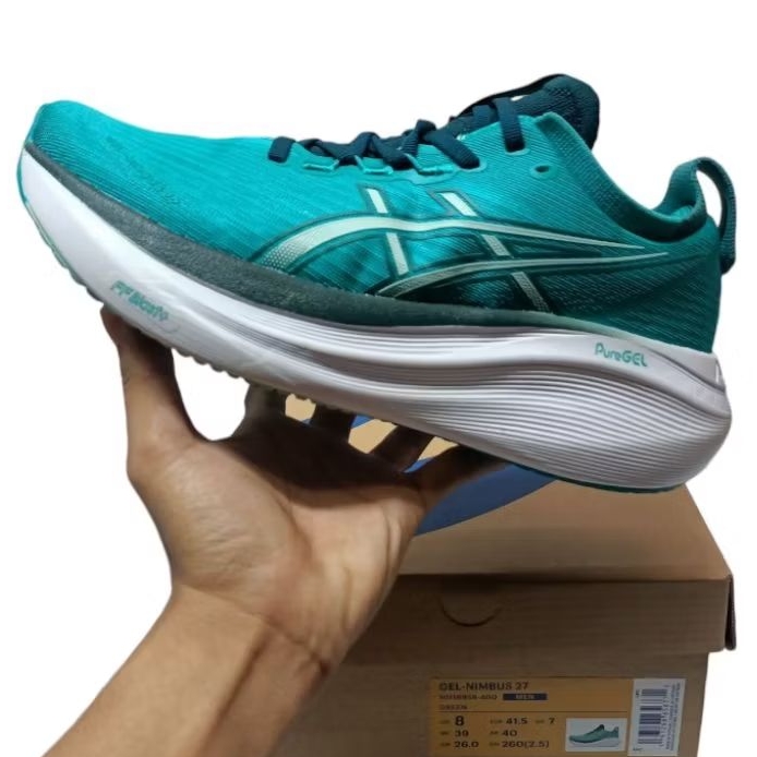 sepatu running pria Asics Gel-Nimbus 27 Platinum Blue white shoes training BNIB