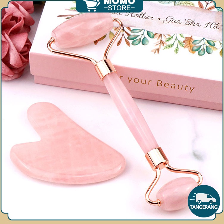 2in1Jade Roller dan Guasha Facial Massage Roller  Batu Giok Alami Gua Sha Alat Pijat Muka Wajah