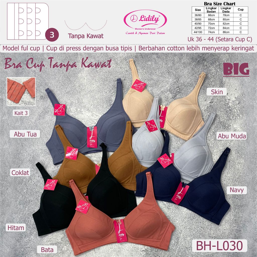 Bra Katun CUP C Tanpa Kawat Tanpa Busa Big Cup BH LIDILY ART L030 | Bh Mama Jumbo | Underwear Besar