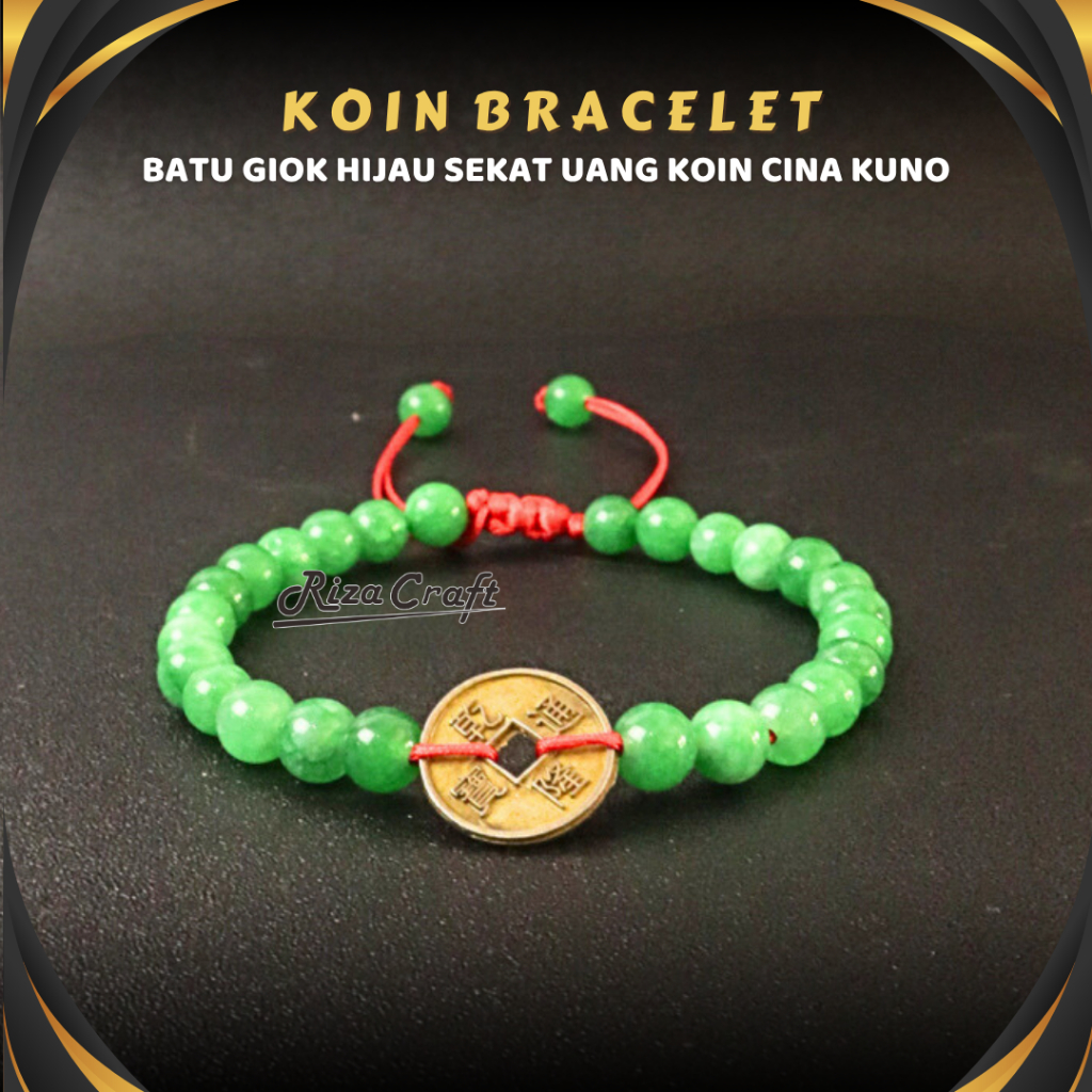 KOIN BRACELET - Gelang Batu Alam Giok Hijau Sekat Koin China Kristal Serut Tali Merah Kecil Akik Aes