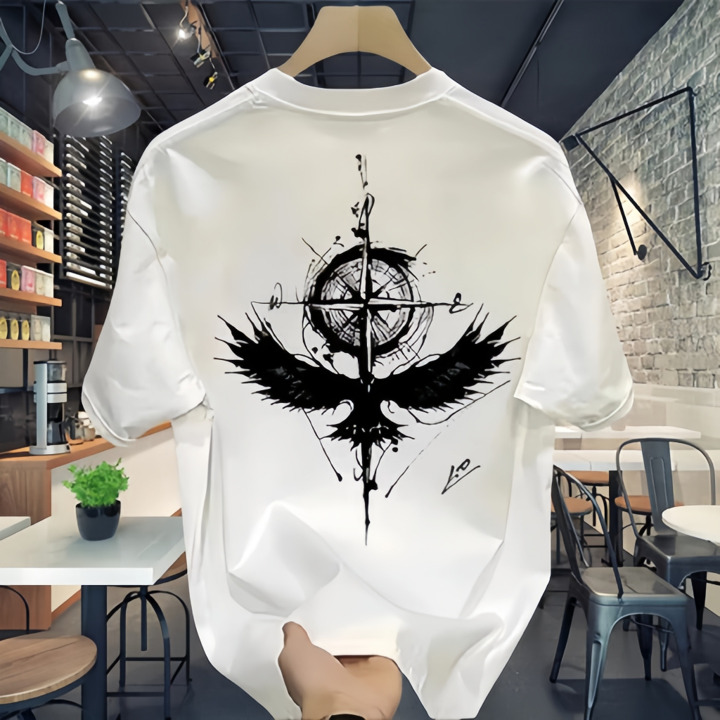 （COD）Outlets Chrome Hearts Bird Compass Tee - Black White Oversized Boxy Fit, Unisex 100% Cotton