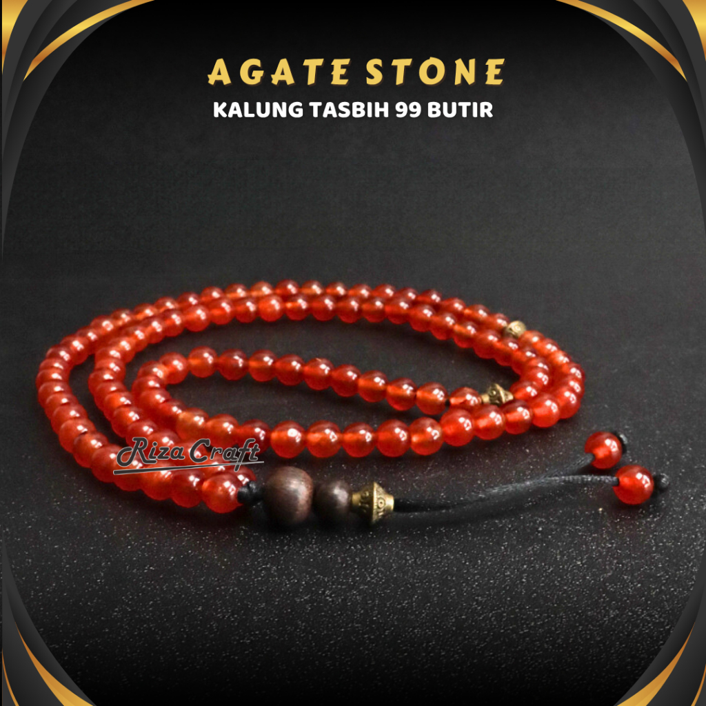Kalung Tasbih Batu Alam Akik Kristal Agate Merah Delima Siam Siem Kecil Pria Wanita Keren  99 Butir 