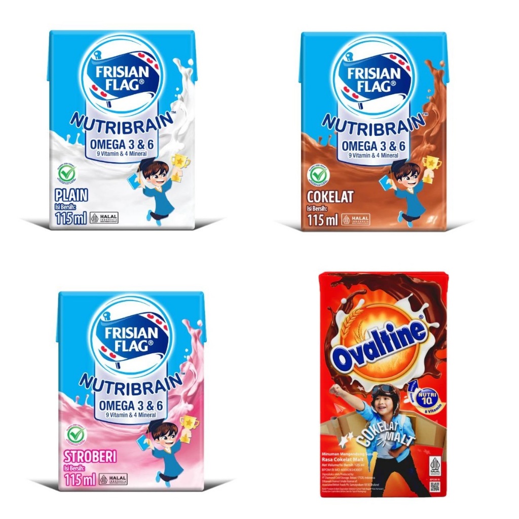 

Frisian Flag Omega Susu UHT Plain Strawberry Stroberi Cokelat Coklat 115 ml Ovaltine 125 ml Milk