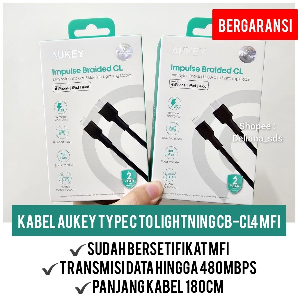Kabel Aukey Type C to Lightning MFI CB-CL4 Fast Charging 60W 1,8 Meter Garansi Resmi 2 Tahun Kabel A