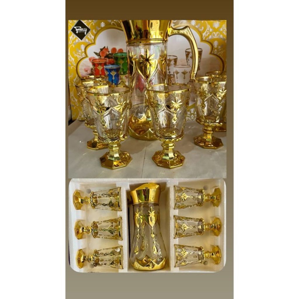 (1 teko 6 gelas) Teko Sultan Bahan Kaca  1 set Terbaru termurah cocok untuk gift dan hiasan Rumah di