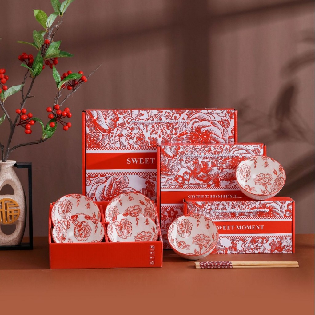 Mangkuk Hampers Red Peony Hampers Mangkok Souvenir / Hampers Mangkuk Red Rose Makan Souvenir Hadiah 