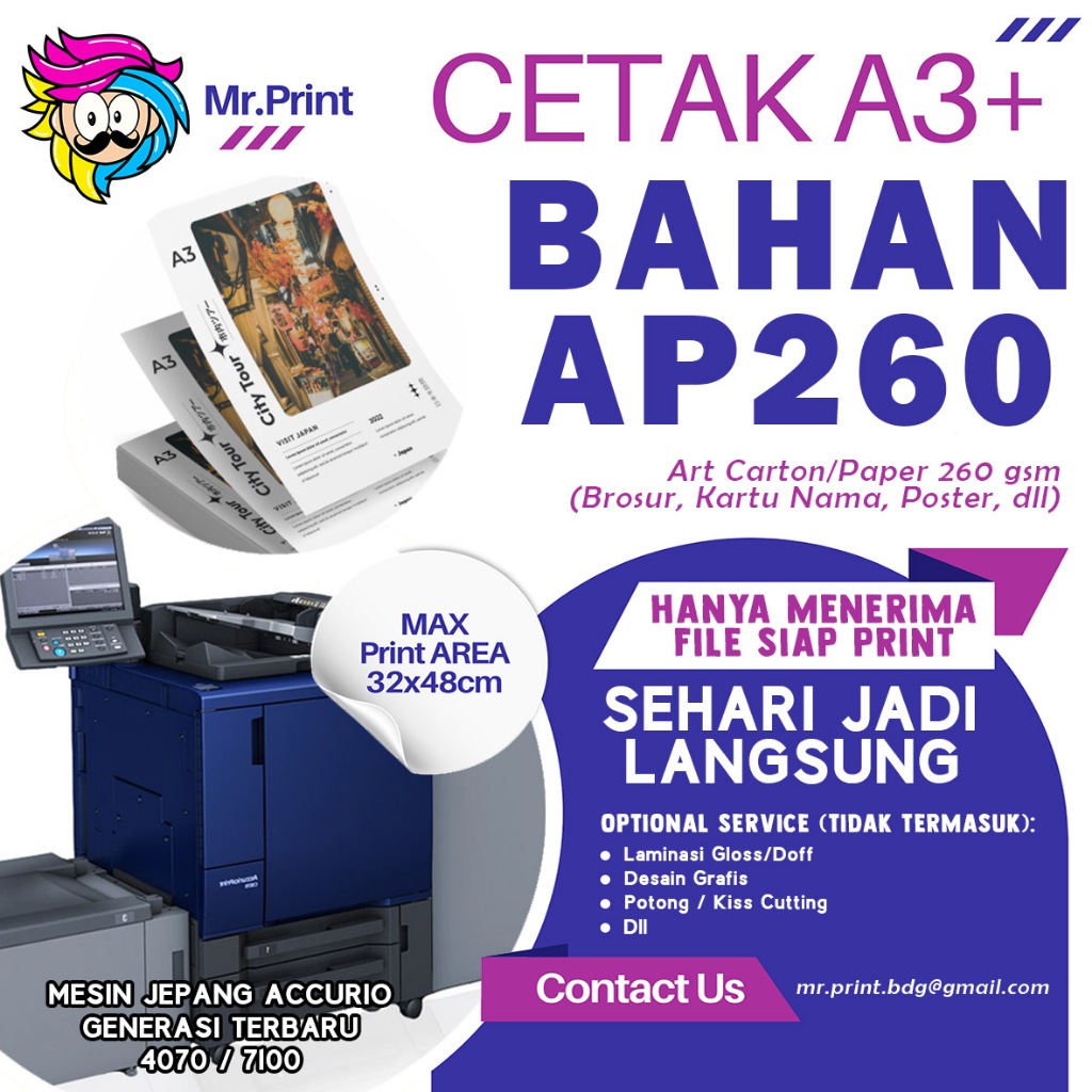 

Jasa Digital Print Cetak A3+ kertas Ap260 Ac260 Art Carton 260gsm Art Paper 260 Percetakan Kertas Digital Laser Toner Print Mesin Jepang Konica Minolta Accurio 2026 -MR.PRINT