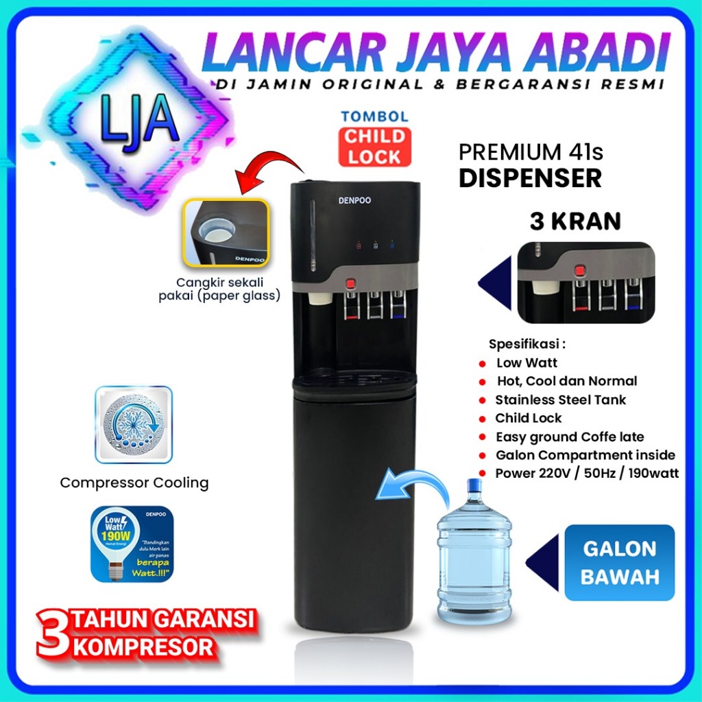 DISPENSER GALON BAWAH DENPOO PREMIUM SERIES KOMPRESOR 3 KRAN LOW WATT