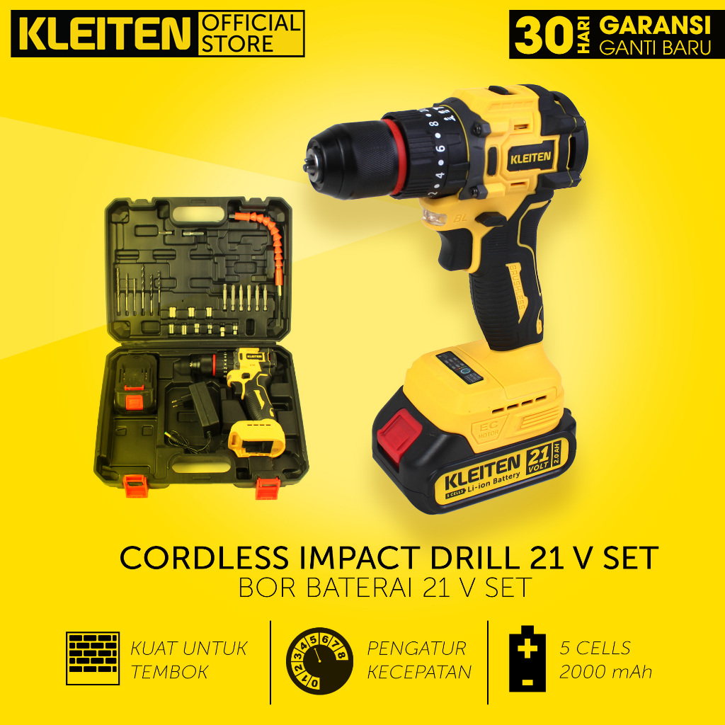 KLEITEN Bor Baterai 21V Cordless Impact Drill Brushless 10mm Bor Impek Bor Tembok Baterai