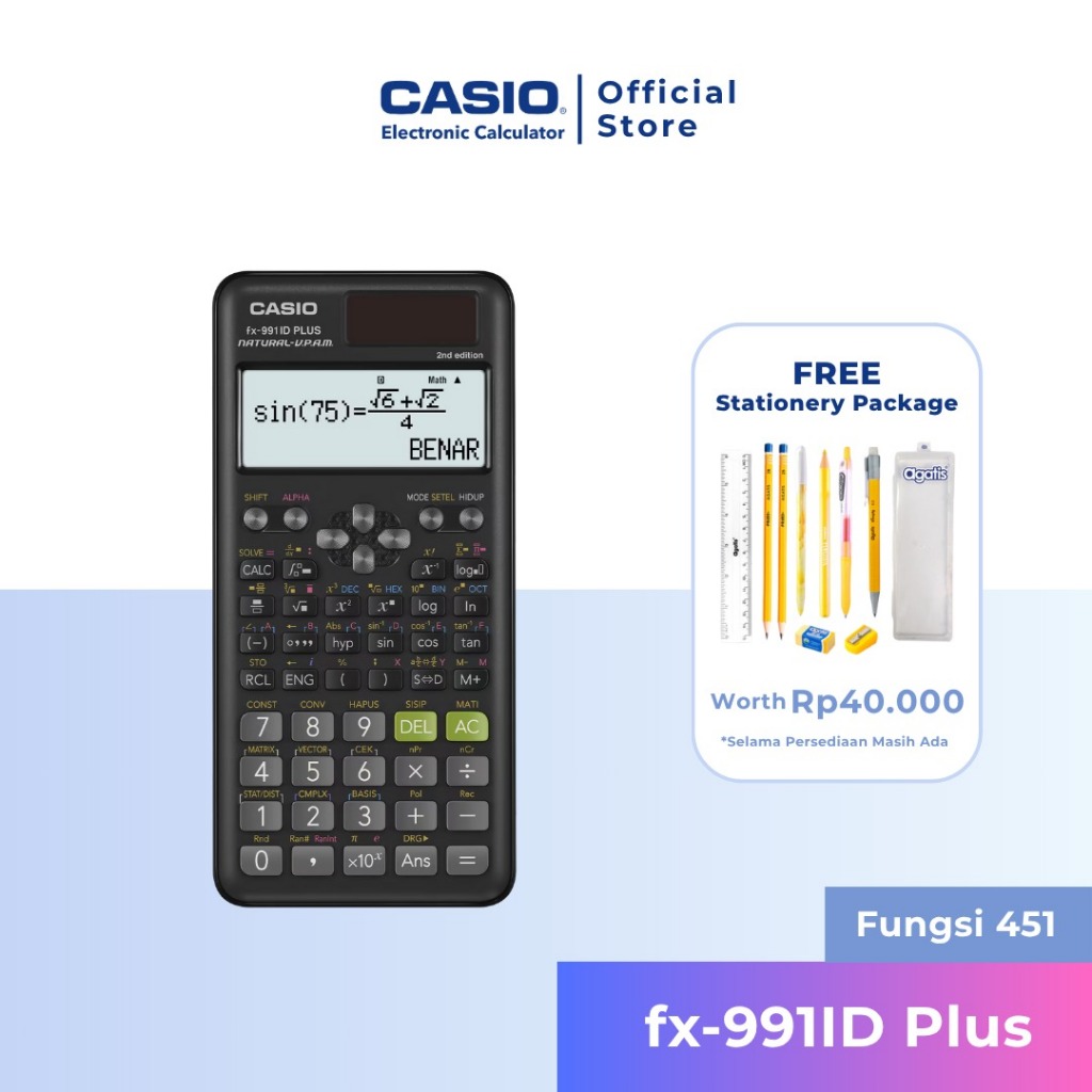 

Asaba Stationery- Kalkulator Sekolah/Kuliah Scintific Casio FX-991ID Plus Free Gift Set Stationery
