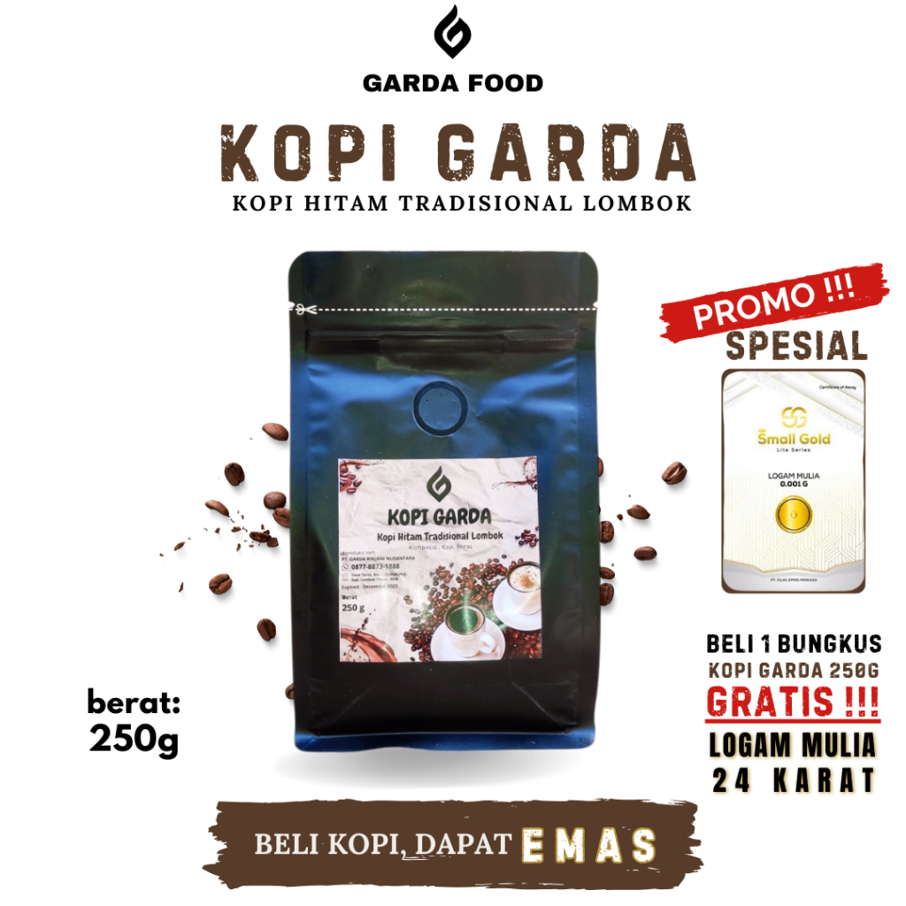 

Kopi Garda Premium (100% Robusta) - Kopi Hitam Bubuk Traditional Lombok BONUS Emas 24 Karat