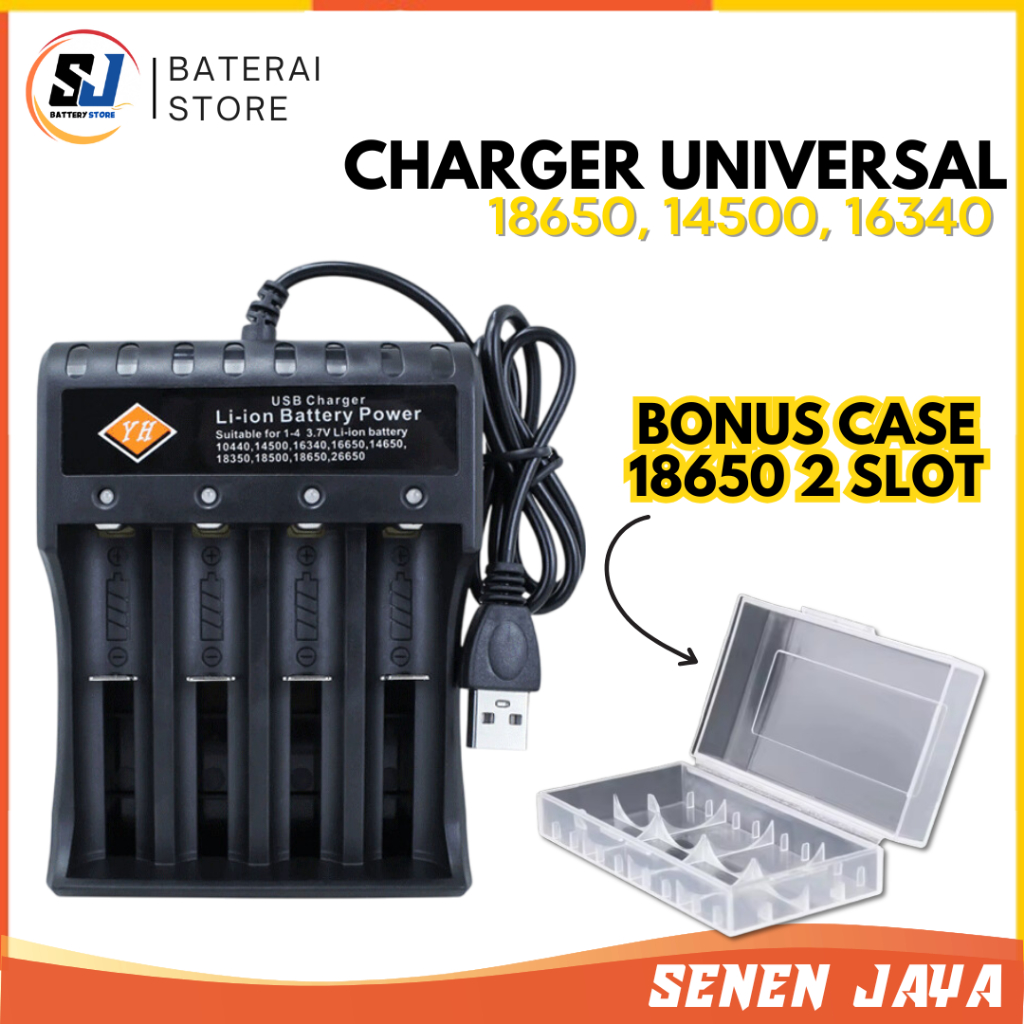 GRATIS CASE Charger Casan Baterai batre 18650 16340 14500 3.7V 4.2V UNIVERSAL 4 Slot Kabel USB Charg