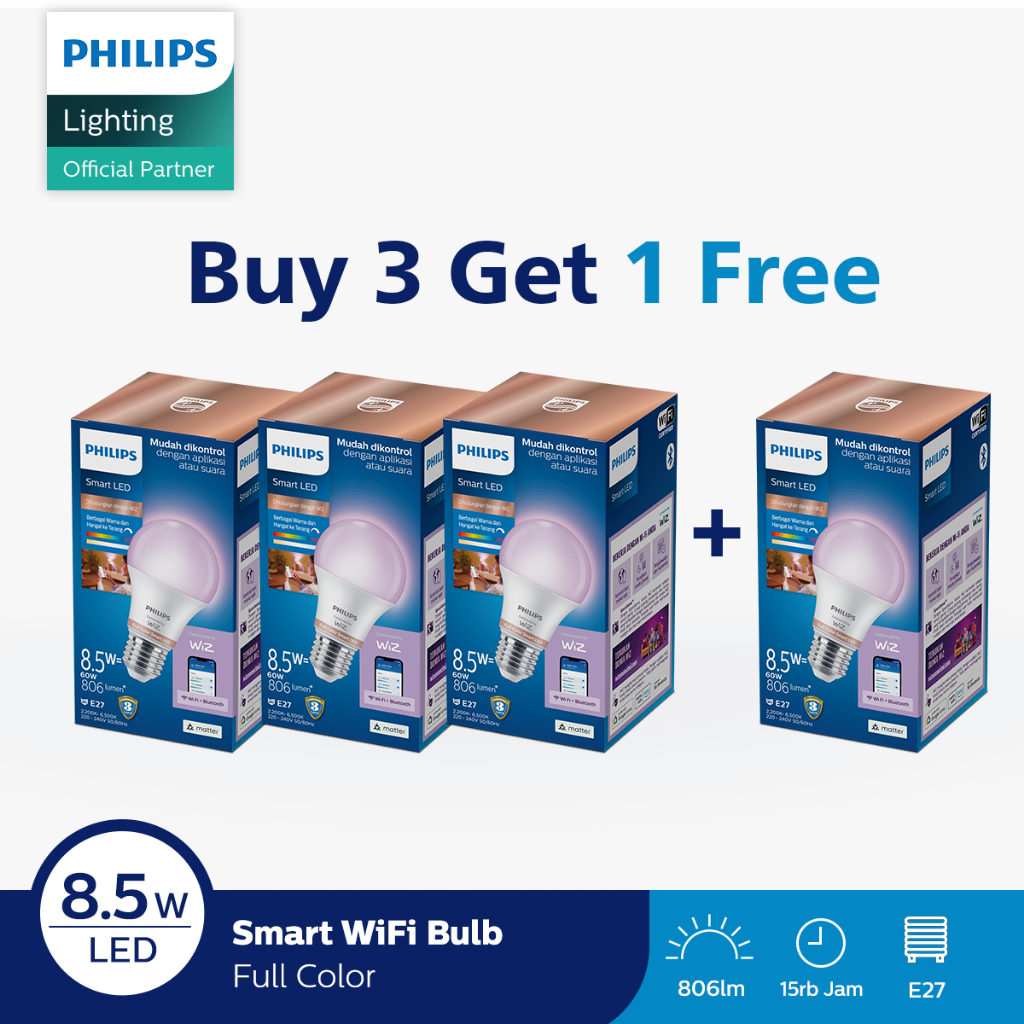 Beli 3 Gratis 1 Philips Lampu Smart WiFi LED 8,5W E27 - RGB Color