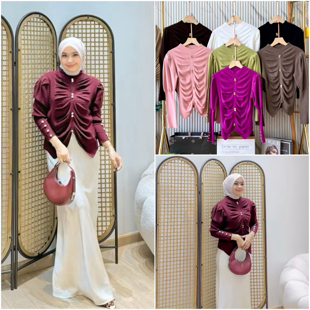 TATAOS BANGKOK ERSYA BLOUSE SMOCK SMOKE KERUT BUTTON GOLD KNIT RAJUT IMPORT