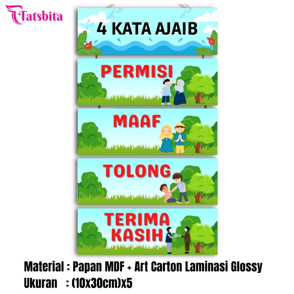TATSBITA Pajangan Hiasan Dinding Dekorasi Wall Decor 4 Kata Ajaib Untuk Kelas Sekolah TK/SD/SMP Susu