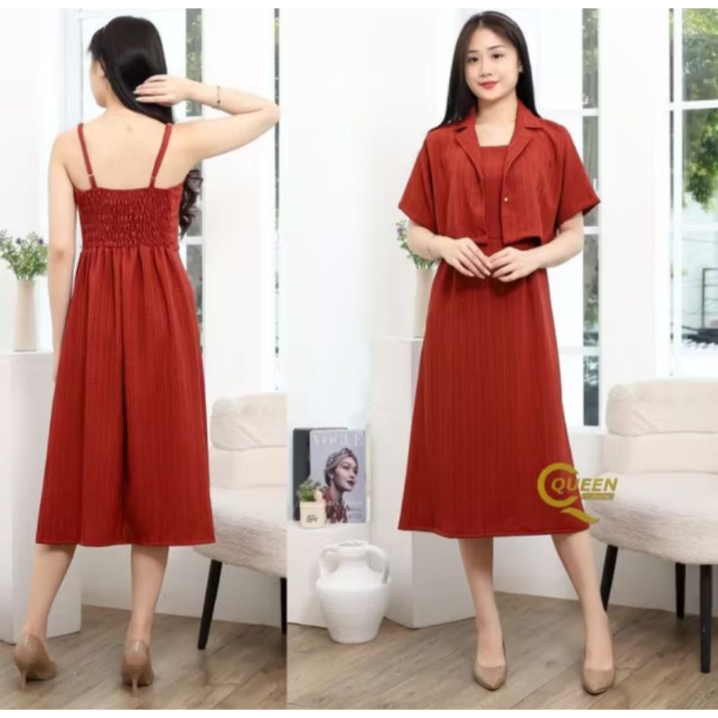Set 2in1 Midi Dress Blazer / Blazer Crop Kancing & Dress Midi Polos