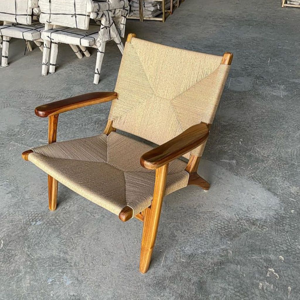 kursi Santai jati rotan , anyaman tali loom , tali kertas Kraft