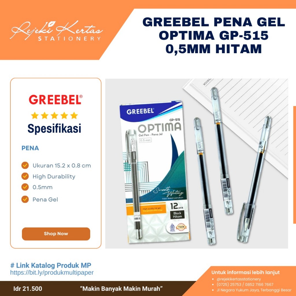 

Greebel Pena Gel Optima GP-515 0,5 mm Warna Hitam 1 Pak Isi 12