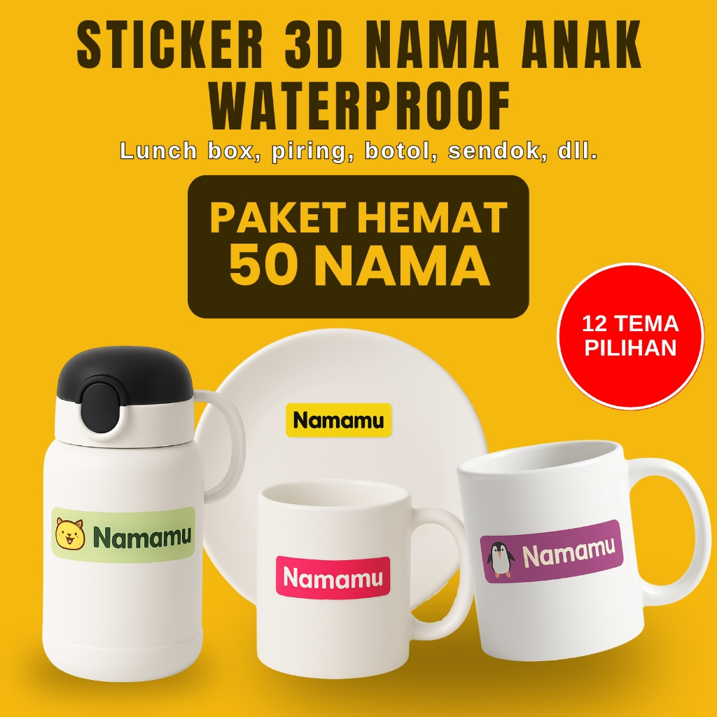 

Stiker Anak 3D 50 Pcs Custom Nama Piring Sendok Botol Gelas Perabotan timbul waterproof label