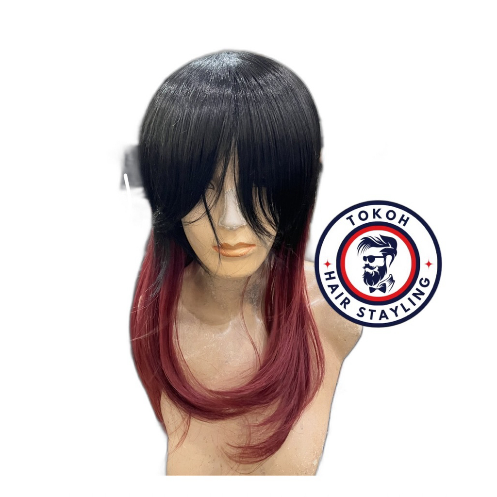 Rambut Palsu Model Mullet Panjang Warna Hitam Merah Wig Bikin Keren